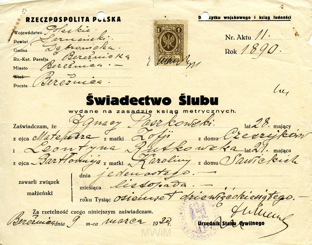 KKE 3511.jpg - świadectwo ślubu Ignacego Paszkowskiego i Leontyna z Rutkowskich, Berżnica, 1930 r.
